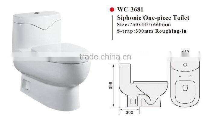 WC-3681 Siphonic One-Piece Toilet with Soft Closing Cover Ramp Down Closer, Water Closet Toilet Bowl