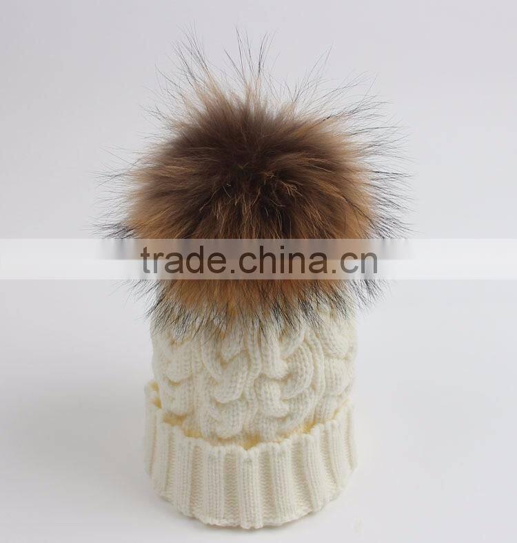 Custom Wool Knitted Racoon Fur Pom Pom Beanie Hat