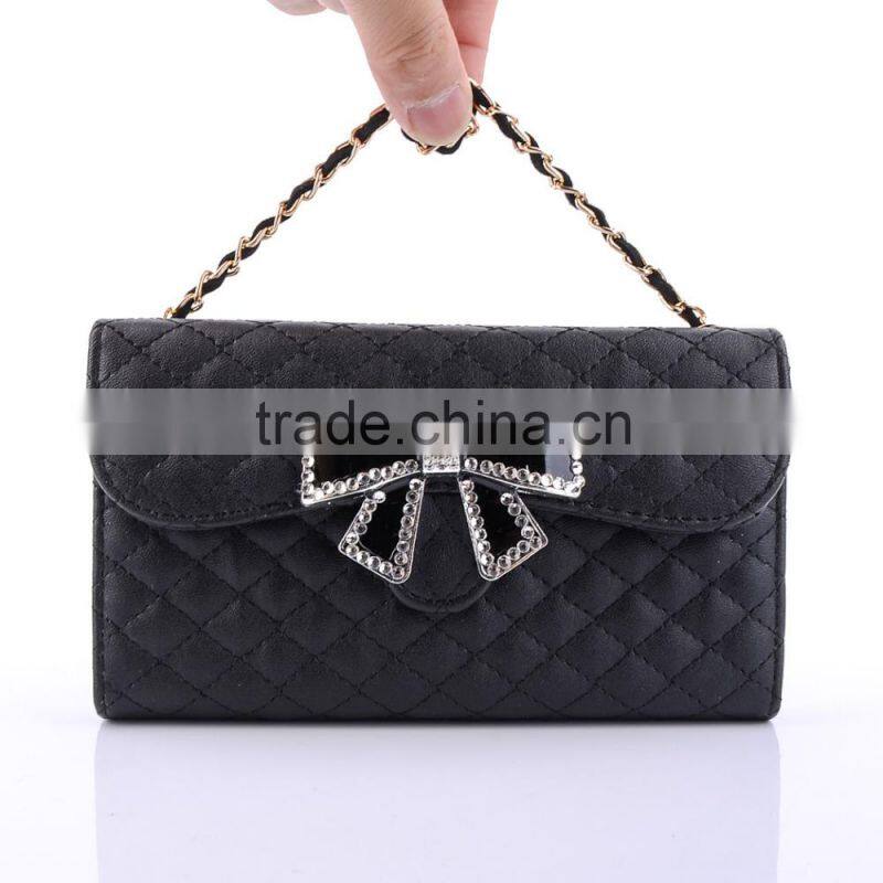 Wallet Design Bright Grid Handbag Magnetic Flip PC PU Leather Case for Samsung Galaxy S6 with Rhinestone Bowknot Buckle