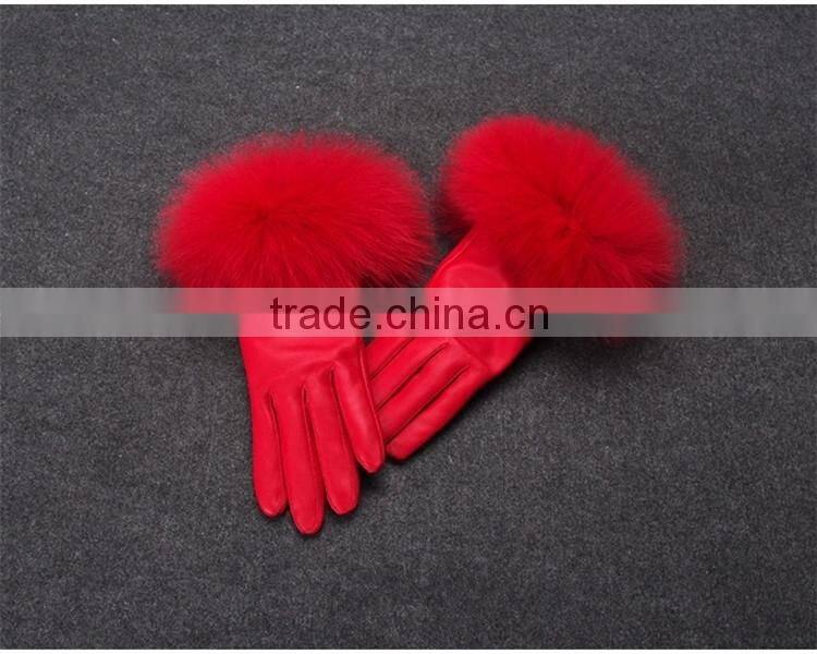Winter Ladies Sheep Leather Gloves With Beige Fox Fur Cuff