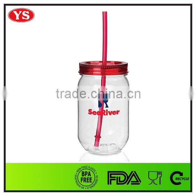 Eco-friendly 19 oz plastic single wall jars with straw