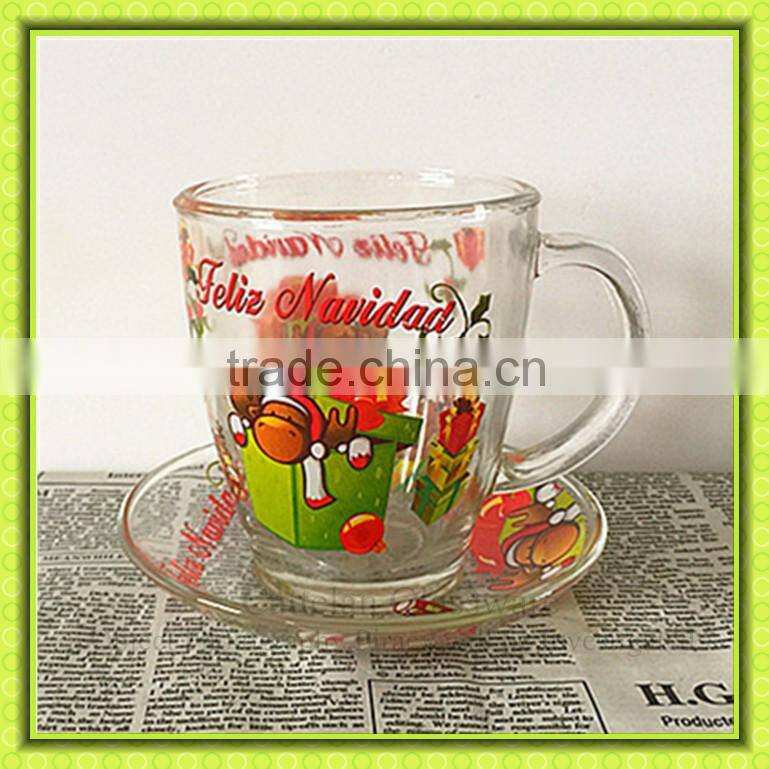 Eco-friendly glass coffee cup and saucer,glass mug with handle for Christmas,tableware