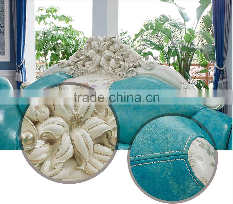 Graceful European style living room furniture solid wood lily carving leather corner sofa set