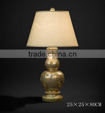 Hand Painting Antique Table Lamp With Shade, Imitated Calabash Desk Lamp, Cobalt Blue Carved Wooden Decor Lamp