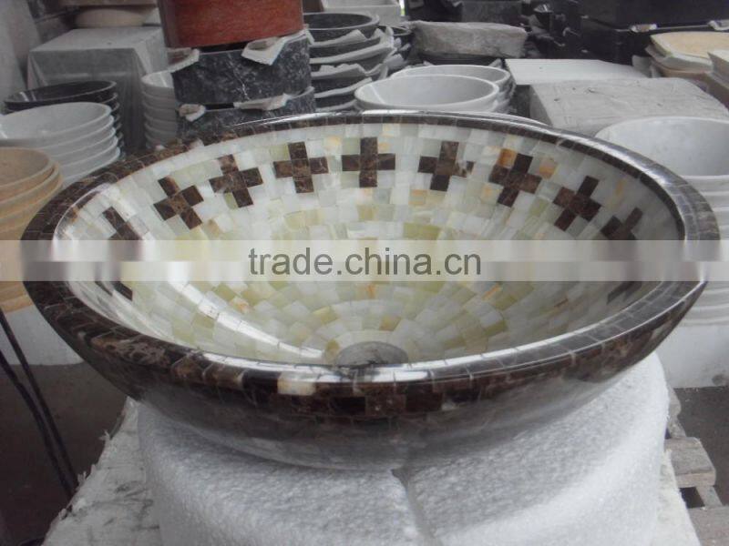 Dark emperador marble brown mosaic vessel sink
