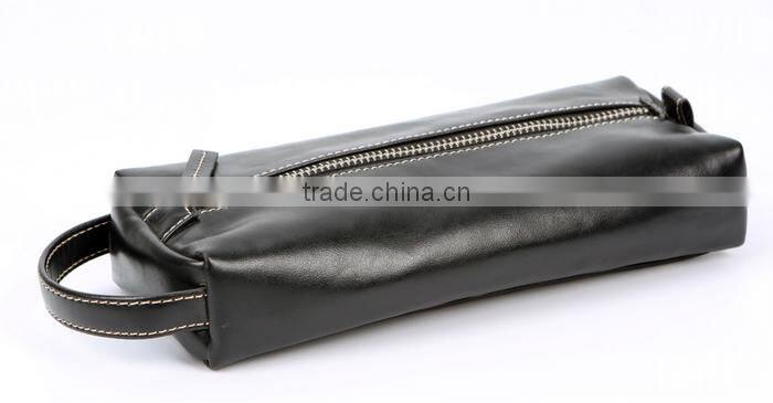 Black Horse Leather Travel Cosmetic Bag With Side Handle