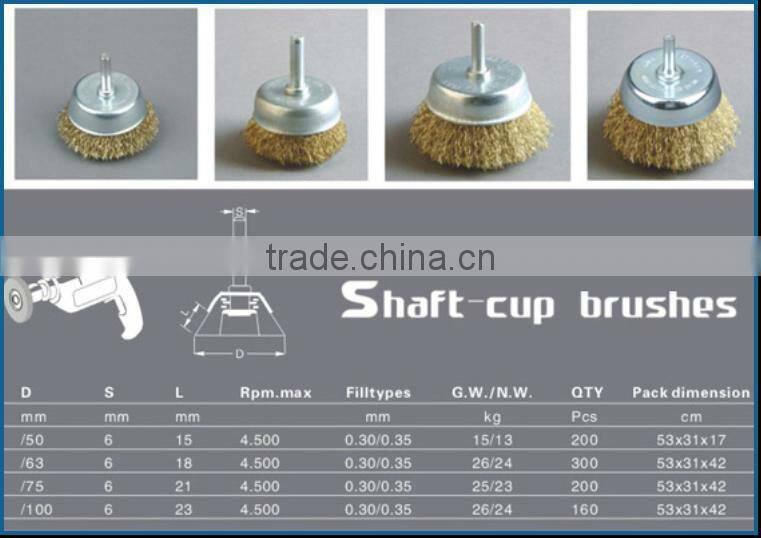 Crimped wire cup brushes with shaft mounted