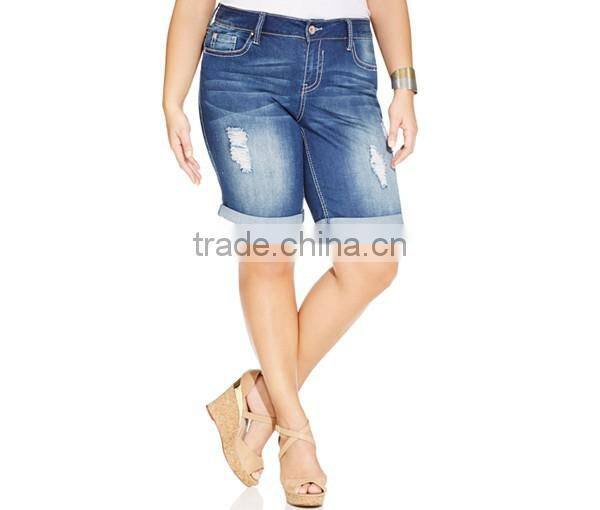 Hydraulic Plus Size Distressed Cuffed Denim Bermuda Shorts, Sammie Wash