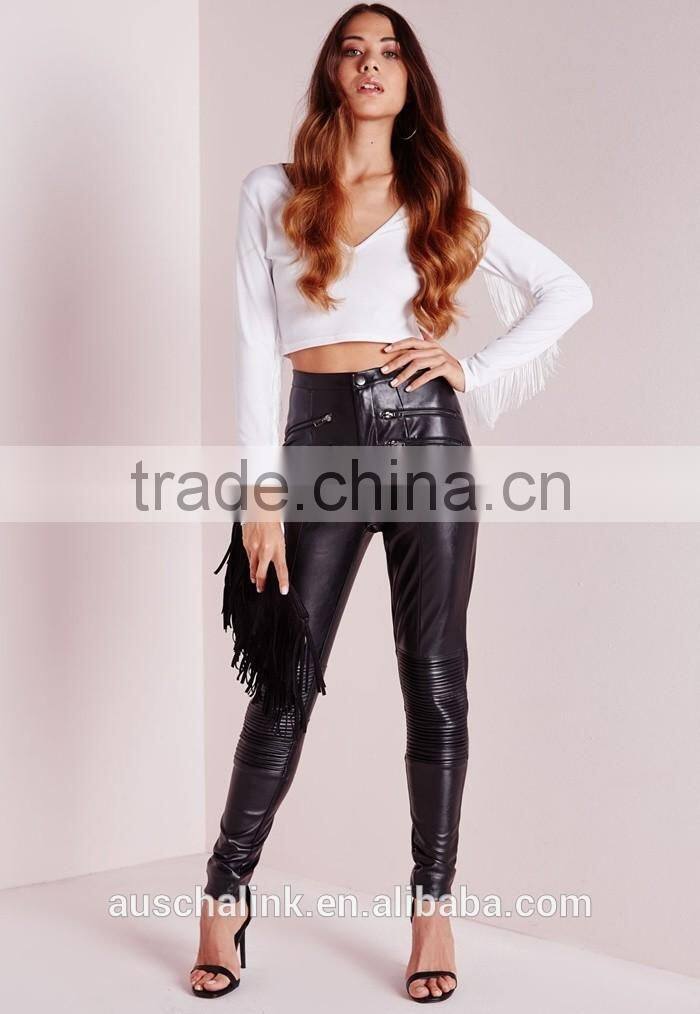 new design black faux leather biker pants cheap price