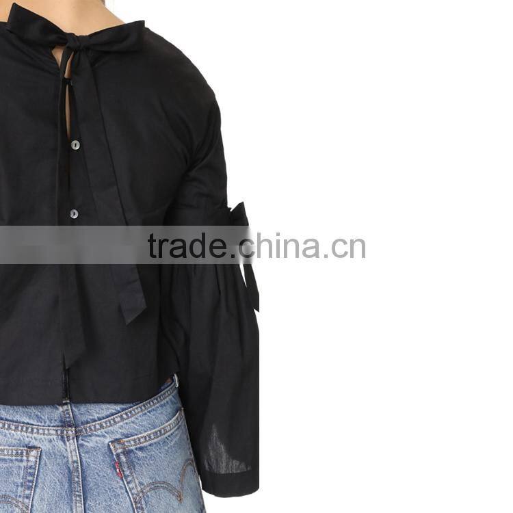 HAODUOYI Soild Black OL Women Blouse Round Neck Long Trumpet Bowknot Sleeve Silt Botton Hollow Out Back Lady Tops for Wholesale