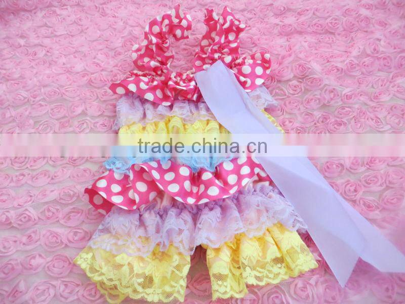 Wholesale Baby Wear Gorgeous Pink with Rompers Ruffles Straps and Satin Bow