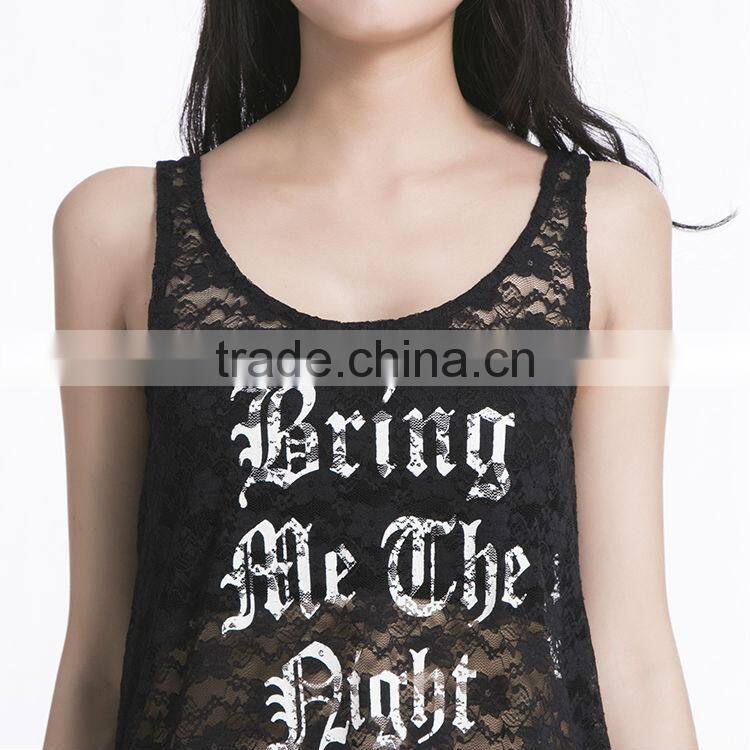 2017 Casual Black Lace Sleeveless Blouse W/ White Words Print
