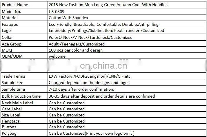 2016 New Fashion Men Long Green Autumn Coat With Hoodies
