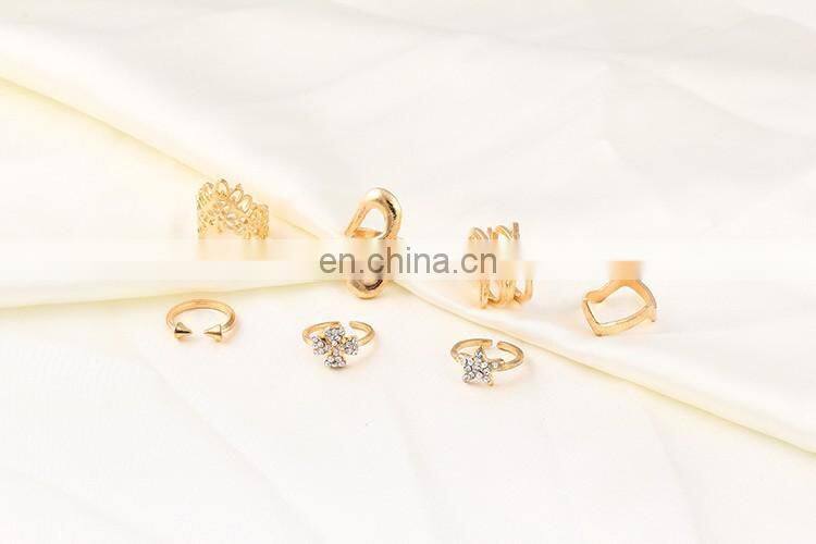 7PCS/Set Fashion Women Gold Hollow Flower Star Rhinestone Ring Sets