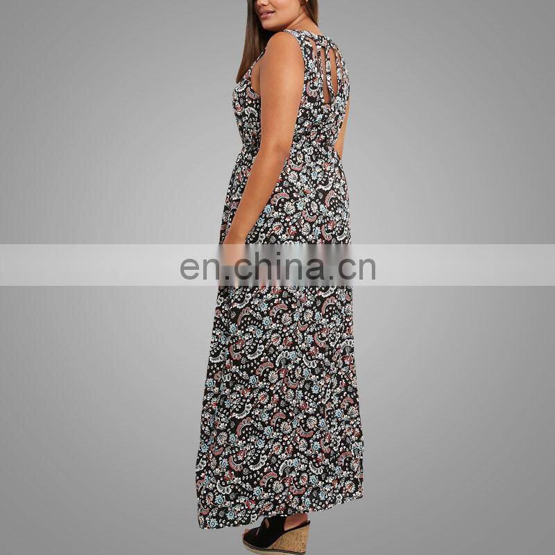 Plus size black floral print cut out back women elegant maxi dress sleeveless fancy black long maxi dress