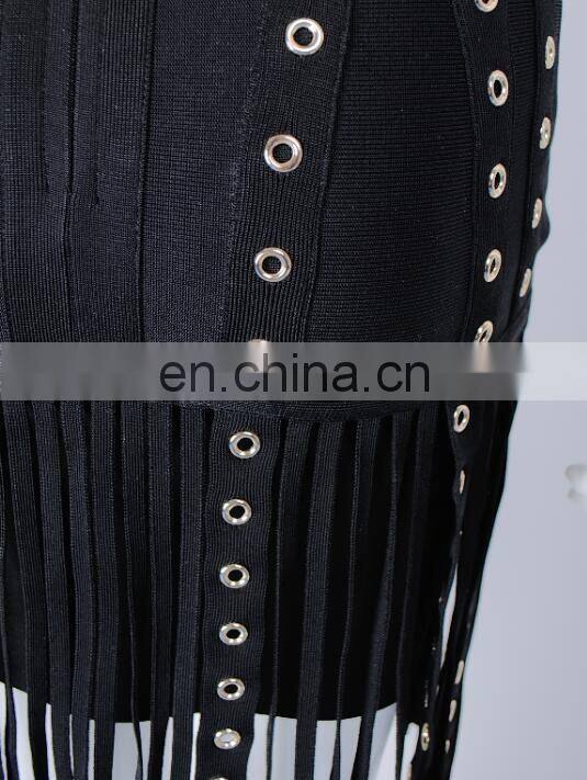 Amigo 2017 new style sexy cross strap tassel bandage dress midi eyelet beaded evening dresses for women club wear