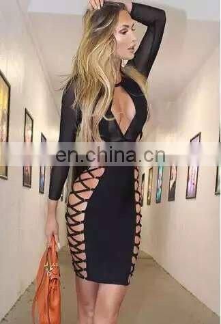 Amigo 2017 new design Black long sleeve cut out bingding revealing bandage dress midi prom dresses for hot body ladies