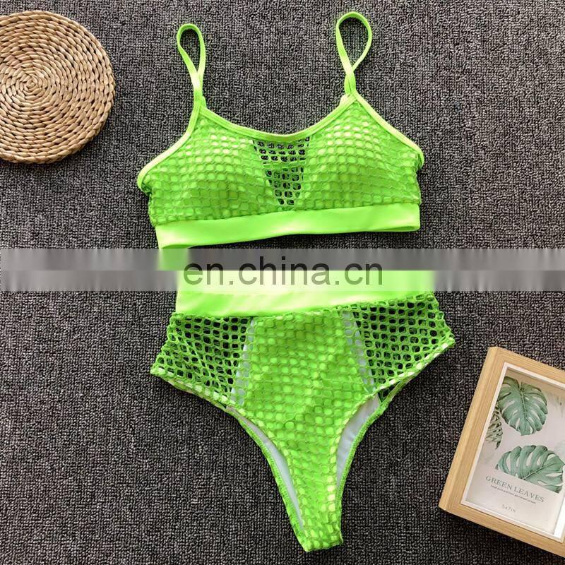 Swimwear Women 2019 Mermaid Swimsuit Halter Push Up Summer Neon green Fishing Net Mesh Biquini Thong Bikini maillot de bain