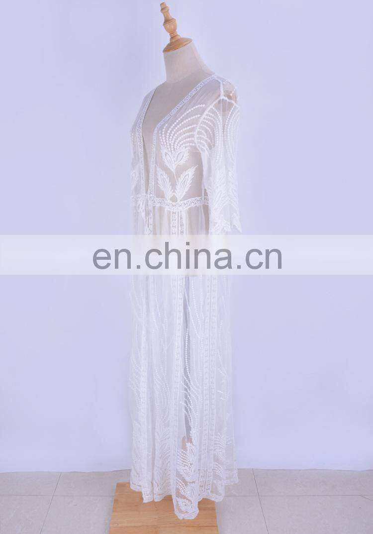 2019 Sexy See Through Self Belted Summer Beach Dress Transparent White Lace Tunic Women Beachwear Maxi Dress Sarong plage
