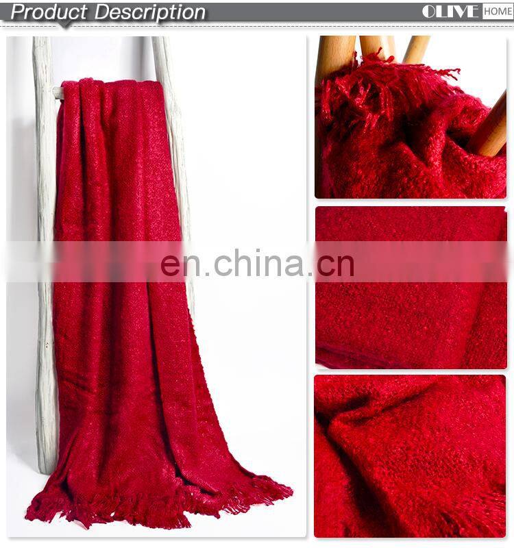 China New Bright Red Jacquard Mohair Acrylic Woven Throw Blankets With Tassels