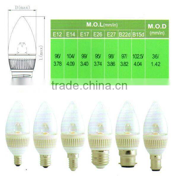 Warm white E27 E12 E14 clear LED Candle Bulb 3W