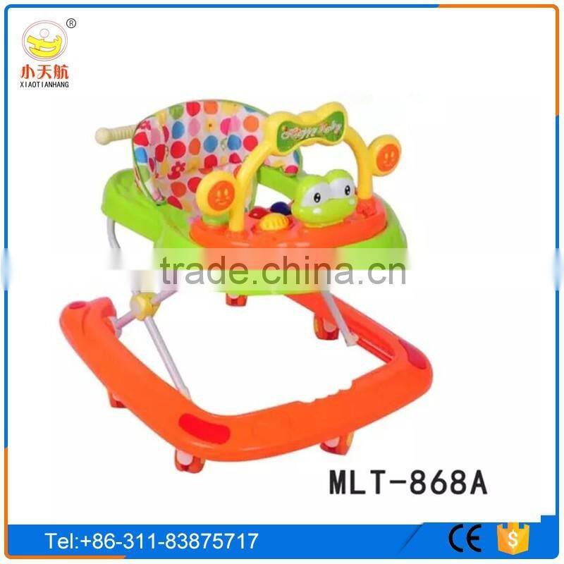 Cheap plastic wheels baby walker with 8 swivel wheels and adjustable pusher