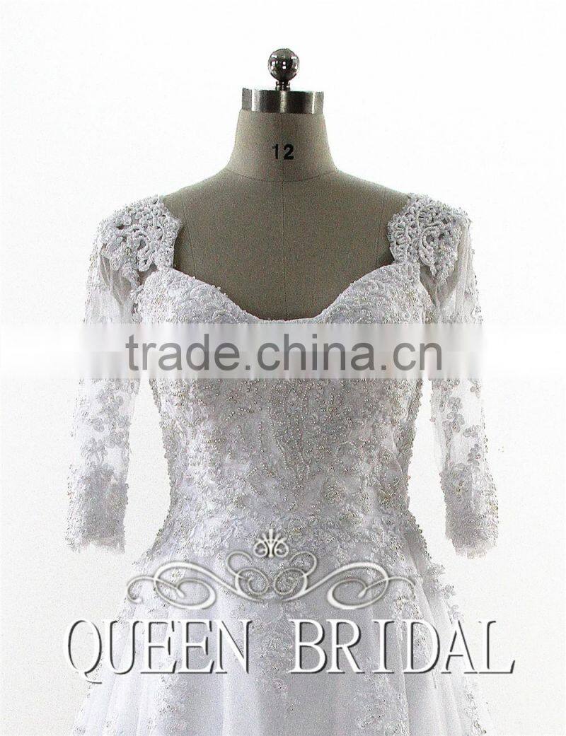 Dubai Muslim Bridal Gown 3/4 Long Sleeves Lace Wedding Dress Patterns 2016