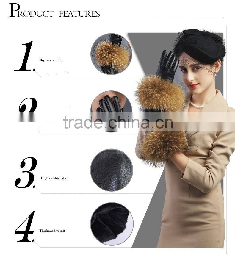 Women Girls Winter Plush Raccoon Fur Leather Mitten Gloves Warm Driving Gift