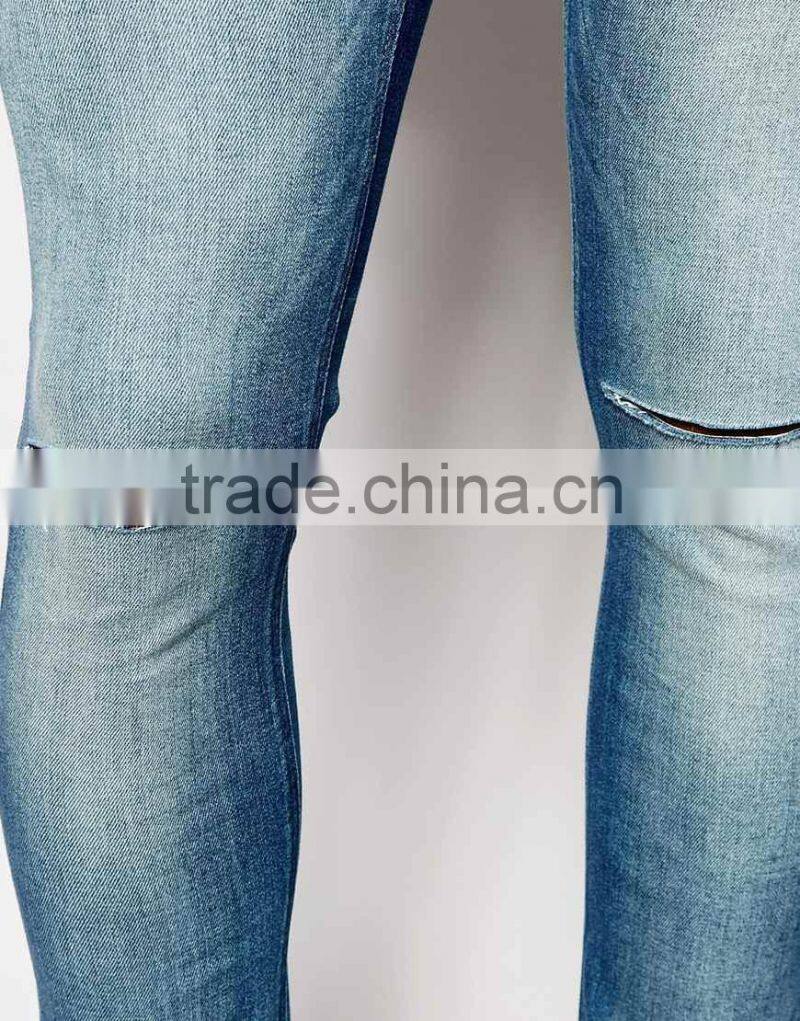 men brand jeans Super Skinny Fit Distressed denim man jeans pant with Rip Knee blue country jeans price for jeans(LOTA047)