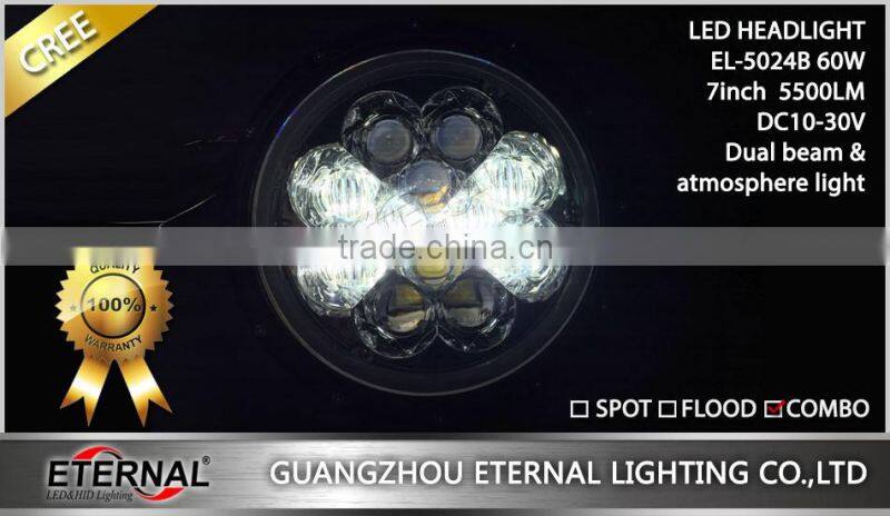 60W round 7inch LED headlight replacement for offroad Jeep Wrangler TJ JK CJ YJ 4x4 vehicles Ford Harley motorcycle