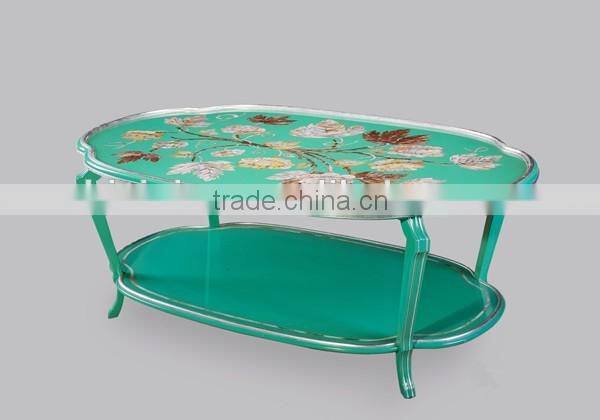 Exquisite Seasell Mosaic Inlay Oval Shaped Tea Table, Classical Living Room Coffee Table, Hand Painted Wooden Decor Coffee Table