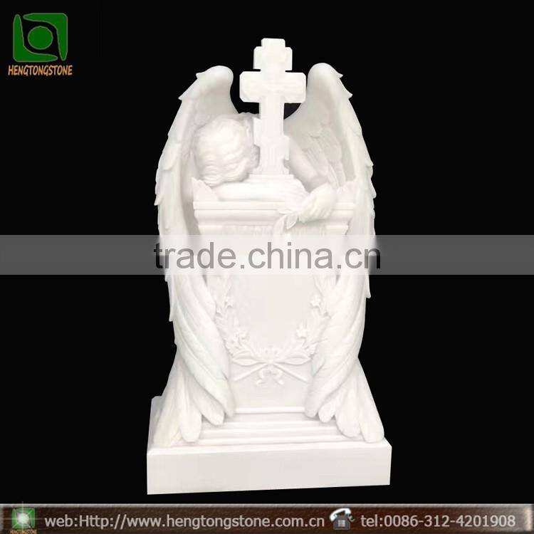 Western White Marble Carved Angel with Cross Headstone