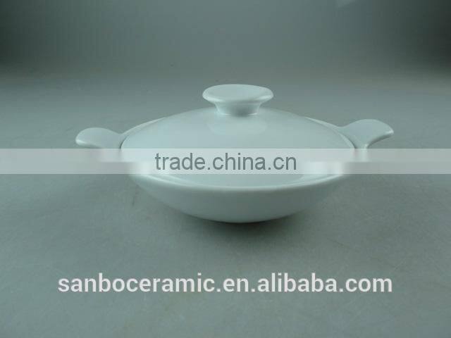 AB Grade porcelain stock White Ceramic Cookware Pot with lid , Ceramic Stew Pot, Round small turren