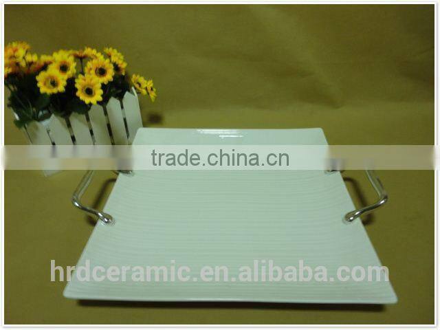 Stocked cheap printing ceramic divided plate with handles