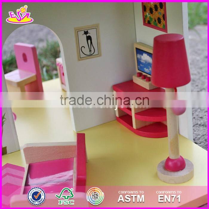 2017 New products lovely girls pink wooden dolls house for sale W06A165