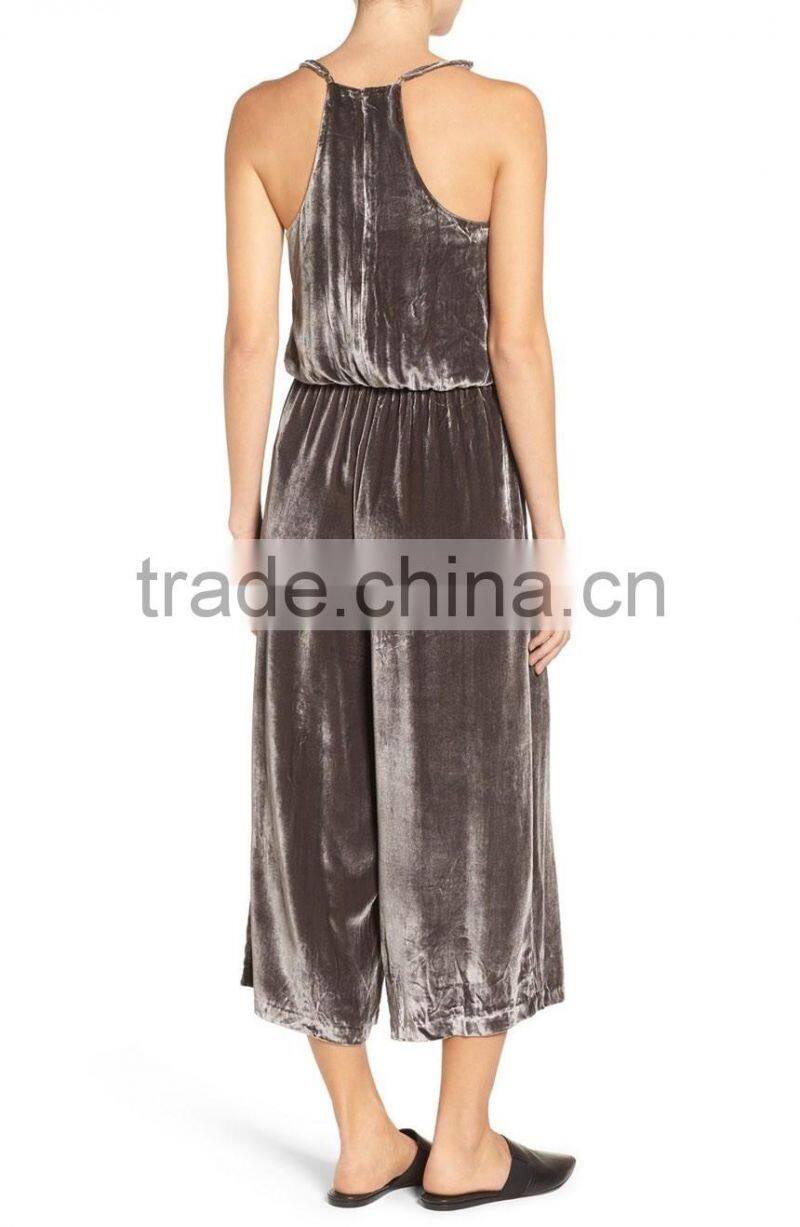 Top Selling New Fashion Lady Loose Casual Romper Sexy Plain Comfy Shimmer Shine Crushed Velvet Camisole Jumpsuit