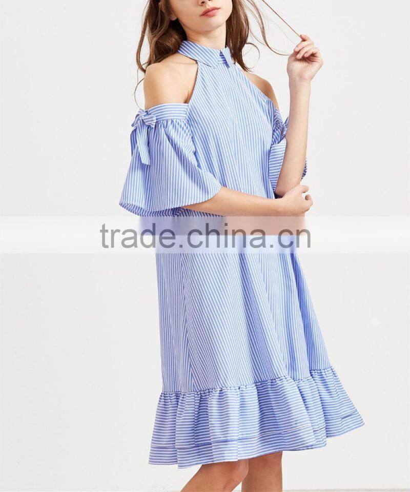 Guangzhou Clothing OEM Tie Sleeve Ruffle Hem Dress Pictures Of Latest Fashion Styles