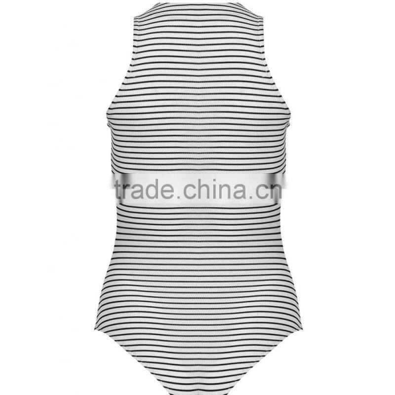 2016 New Fashion Lace Up Front Sleeveless Bodysuits Young Girl Black White Stripe Women Tops