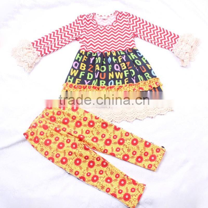 Letter Lace Sleeve Top Dress And Tight Pants Spring Autumn Clothing Set for Girls LBYTZ001-32