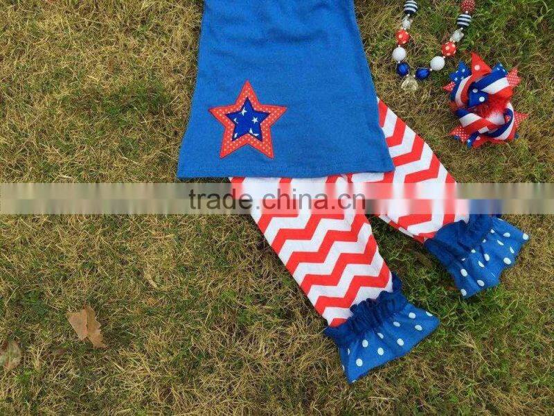 2015 hot sell baby girls 4th of July patriotic capri sets ruffle outfits with matching necklace and neckalce