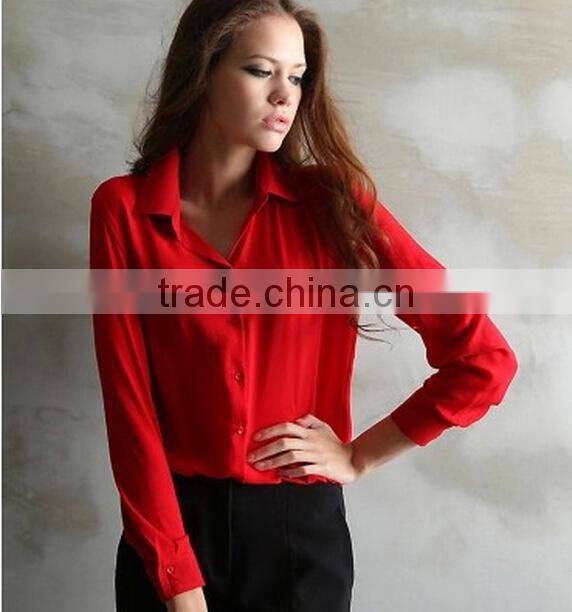 korean style v neck blue chiffon long sleeve blouses/ garment women ladies clothes /