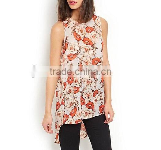 Fashion Trendy Floral Print Dip Hem Shell loose Top clothes women summer 2015 alibaba china