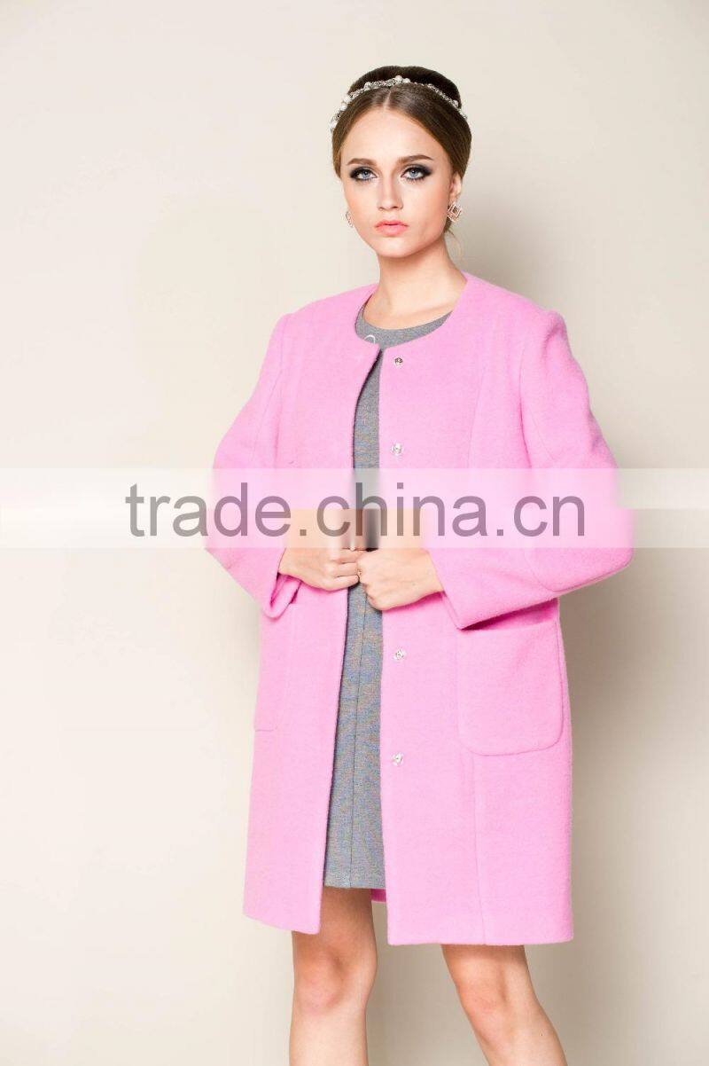 2015 latest fashionable o neck apricot plain style brand name women winter coat