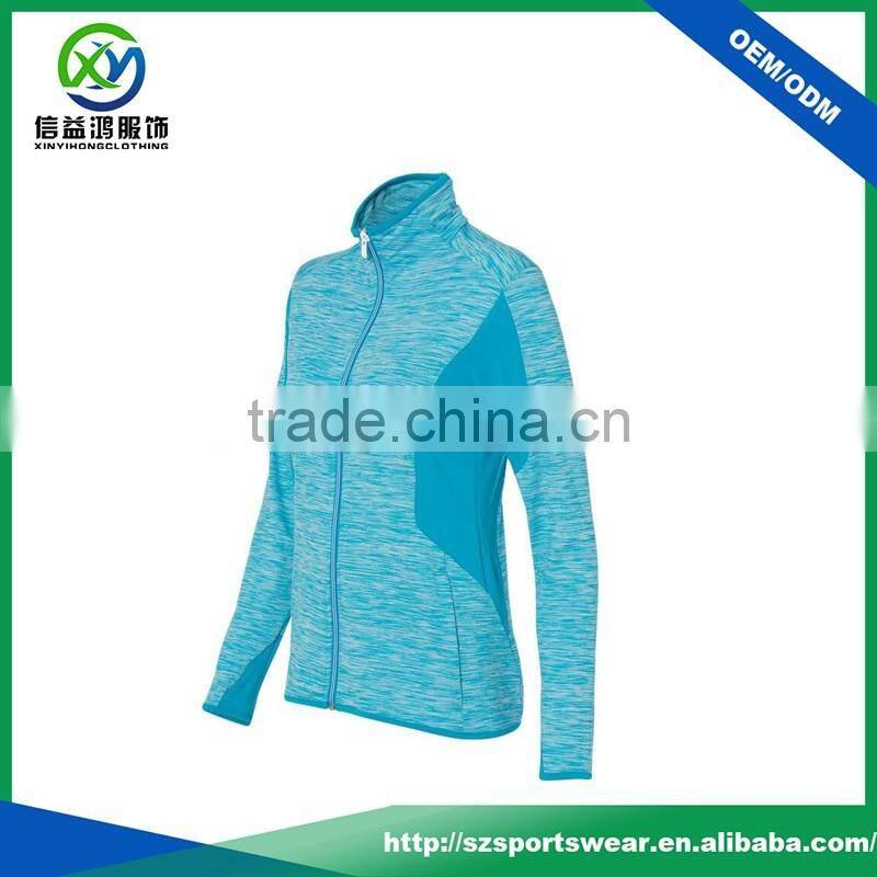 New style cation polyester blend splicing full zip hoody sweater for women