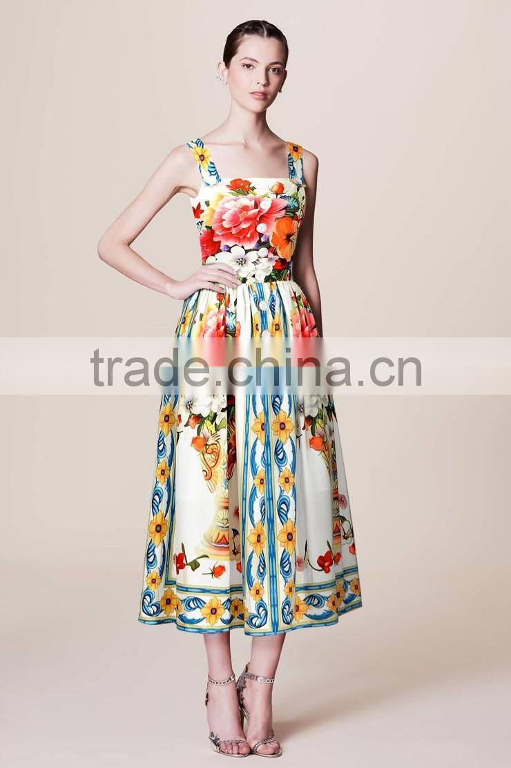 Ladies bright-coloured button-up peony printing princess straps dress with zipper back