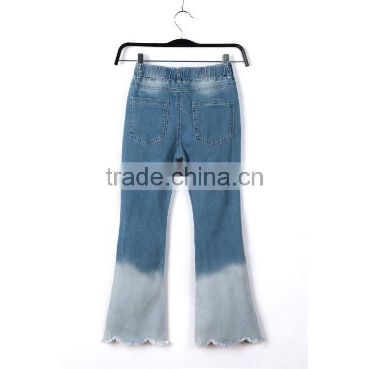 Garment dyed color change three-quarter bellbottom wide leg jeans for girls