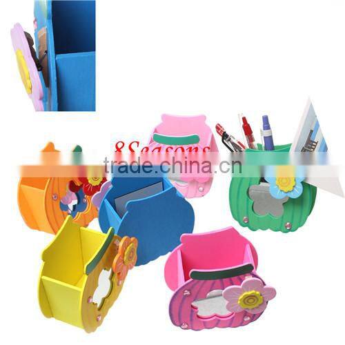 Mixed Acrylic Faceted Findings Flower With Mirror Wood Cute Pen Container 10.7cm x 10.5cm