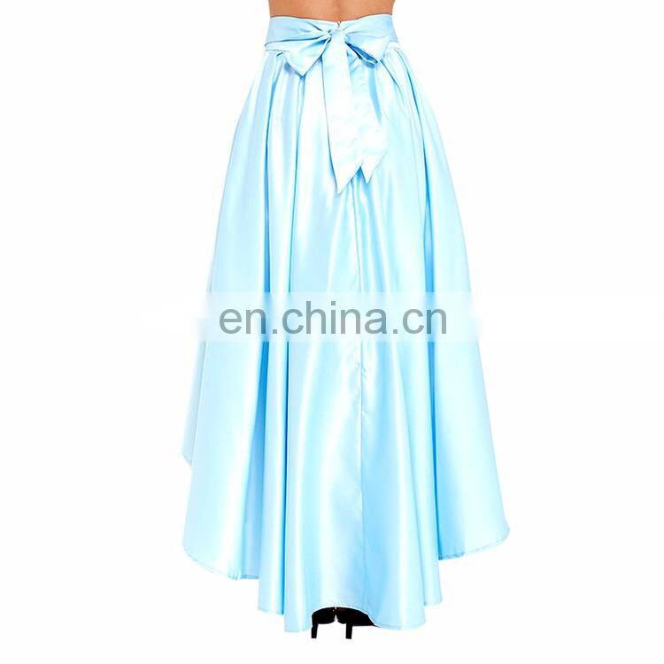 2016 Custom New Design Light Blue Satin Lady Skirts High Low Prom Girls Pleated Long Skirt