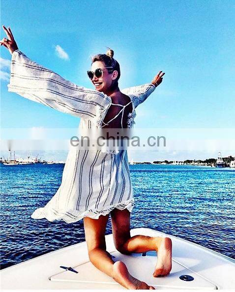 New Cotton Tassel Beach Cover up Tunics for Beach 2019 Women Swimsuit Cover up Swimwear Striped Pareo Beach Dress Beachwear