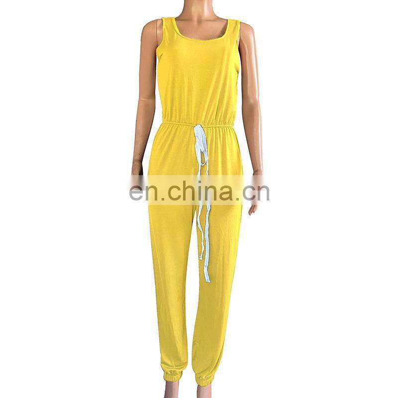 Wholesale customized women's jumpsuit Western style Sexy summer sleeveless vest Round neck Solid color Sports jumpsuit